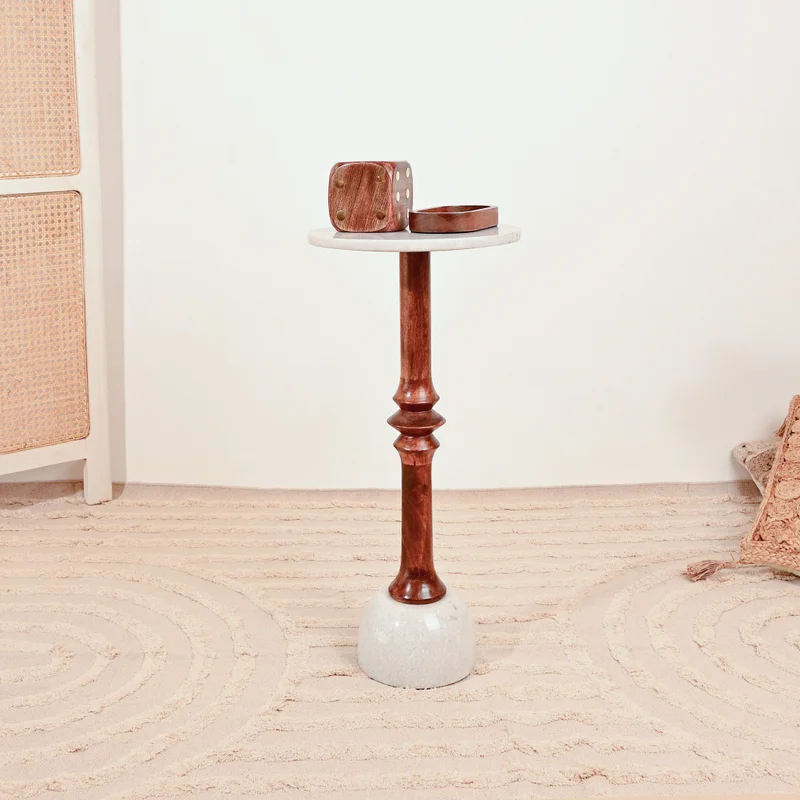 Home Carving Wooden Round Side Table with White Marble Top